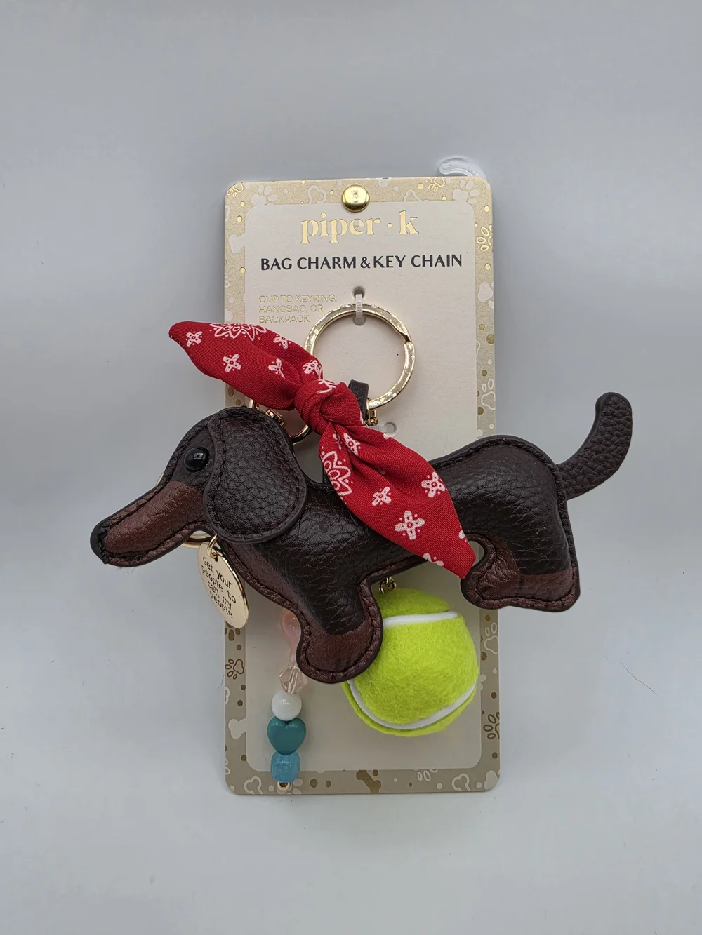 Piper Brown Dachshund Keychain with Red Bandana and Yellow Tennis Ball